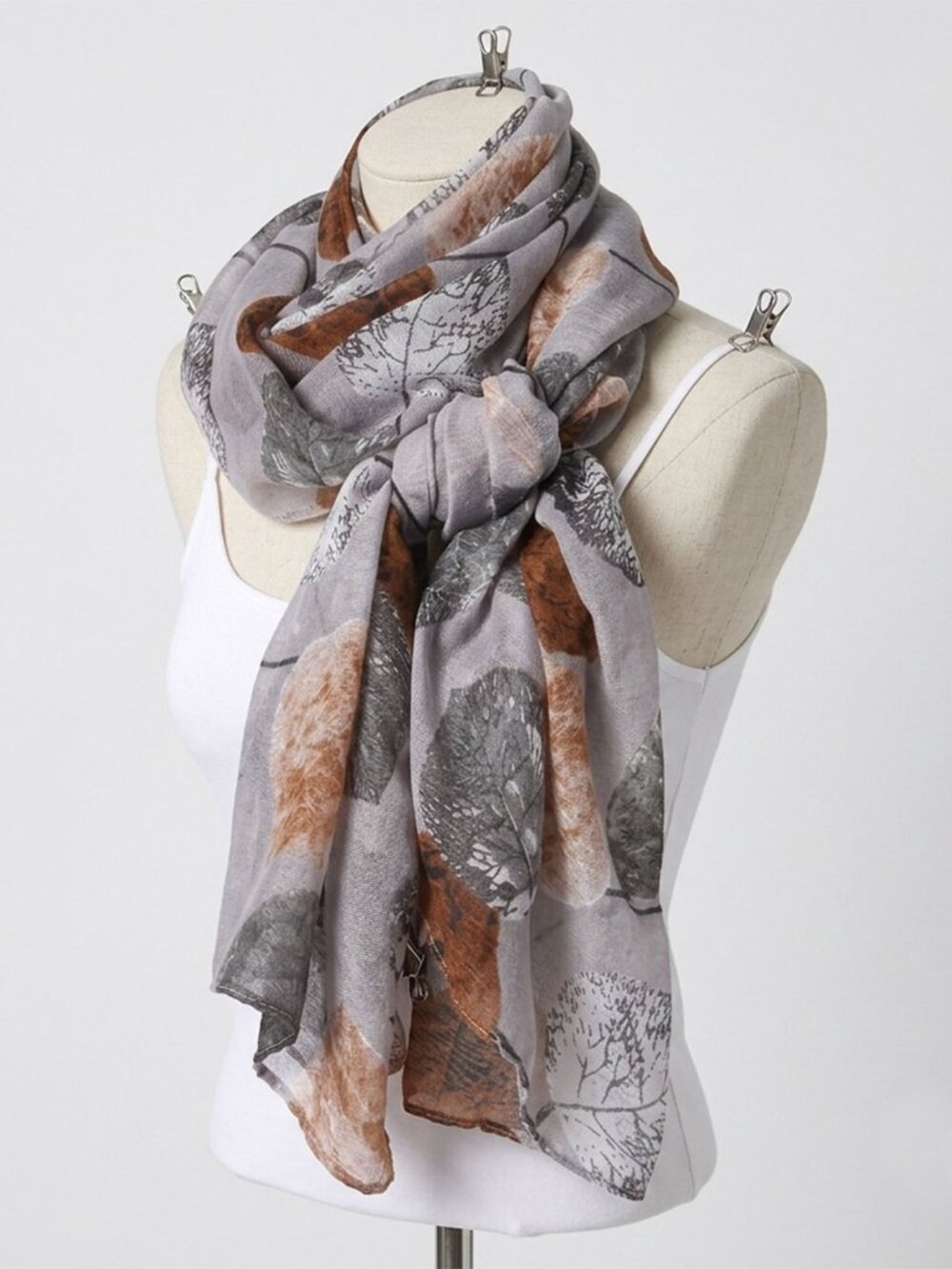Leaf Print Scarf Wrap Semi Sheer Shawl Cover Up Grey Brown Large 35"x71" Boho